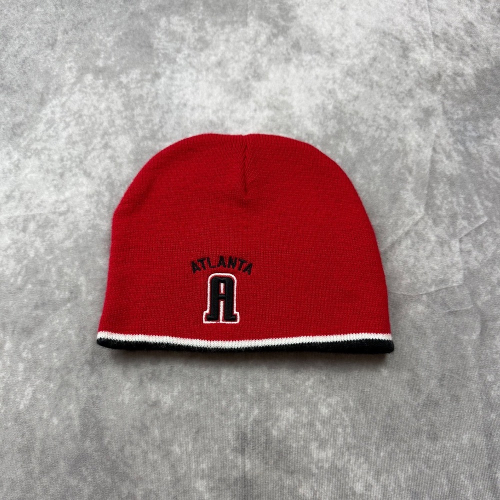 Atlanta Beanie Red Black White Striped Knit Skull Cap Hat Embroidered A Logo